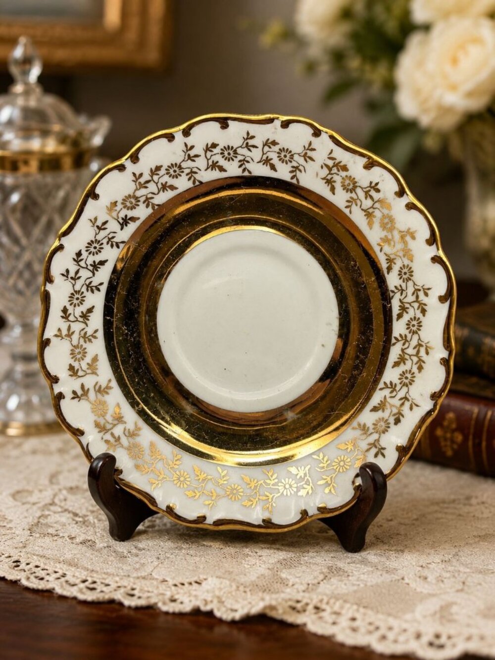 Vintage Haus Dresden China Saucer Floral & Gold Embossed Design Scalloped Edge